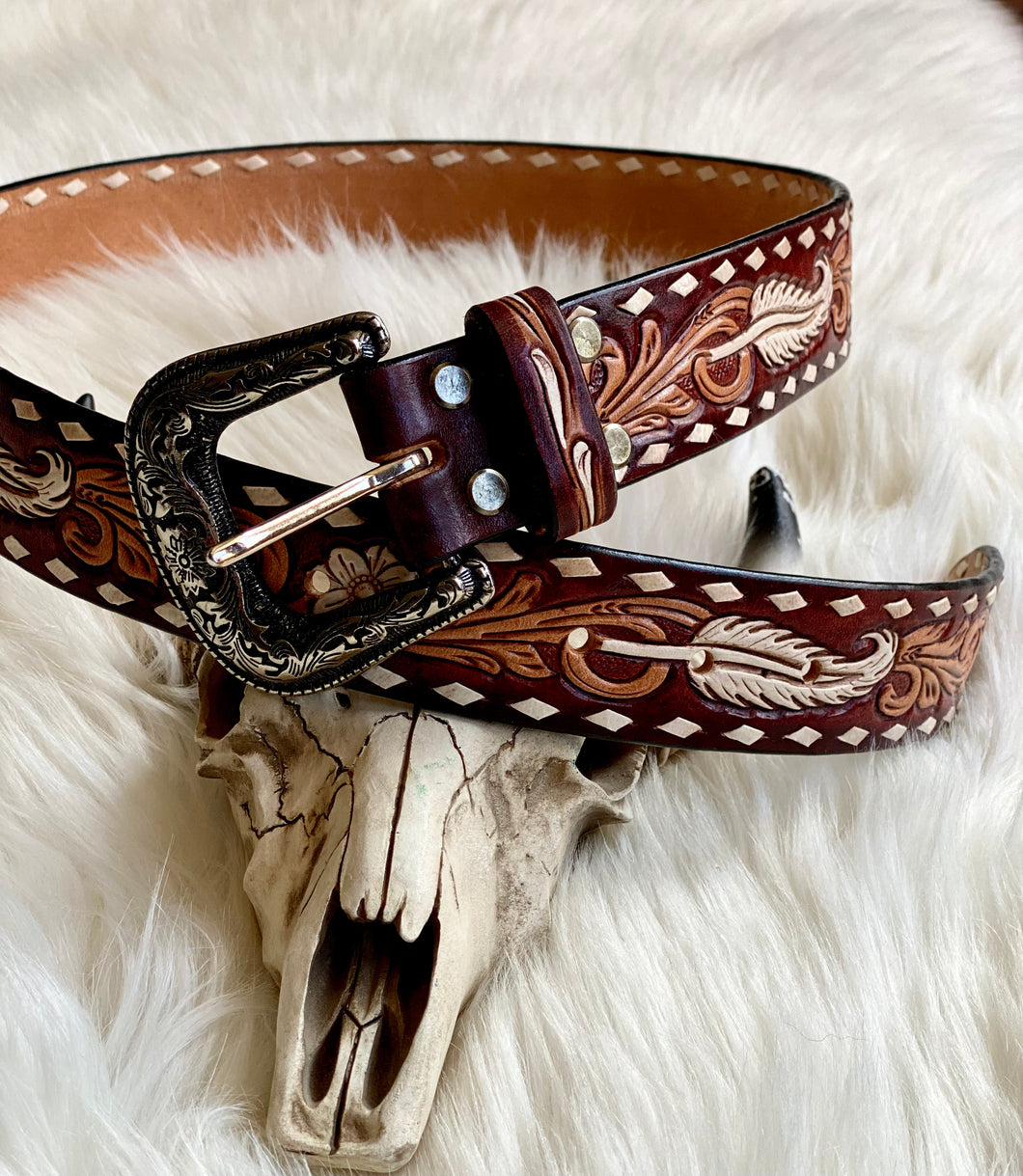 White Feather Leather Belt
