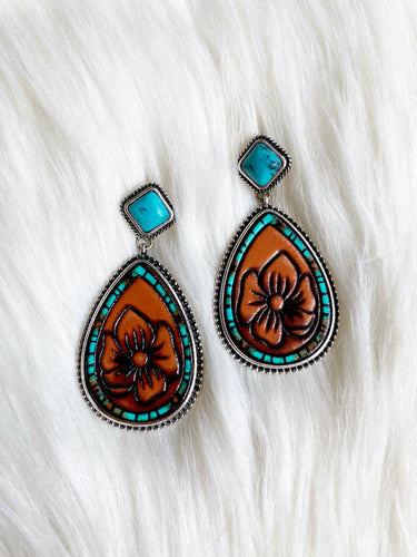 Turquoise Leather Flower Earrings