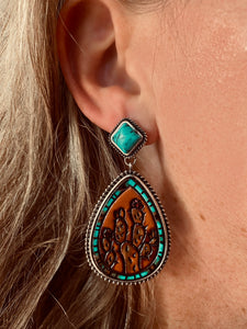 Turquoise Leather Cactus Earrings