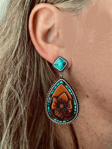 Turquoise Leather Flower Earrings