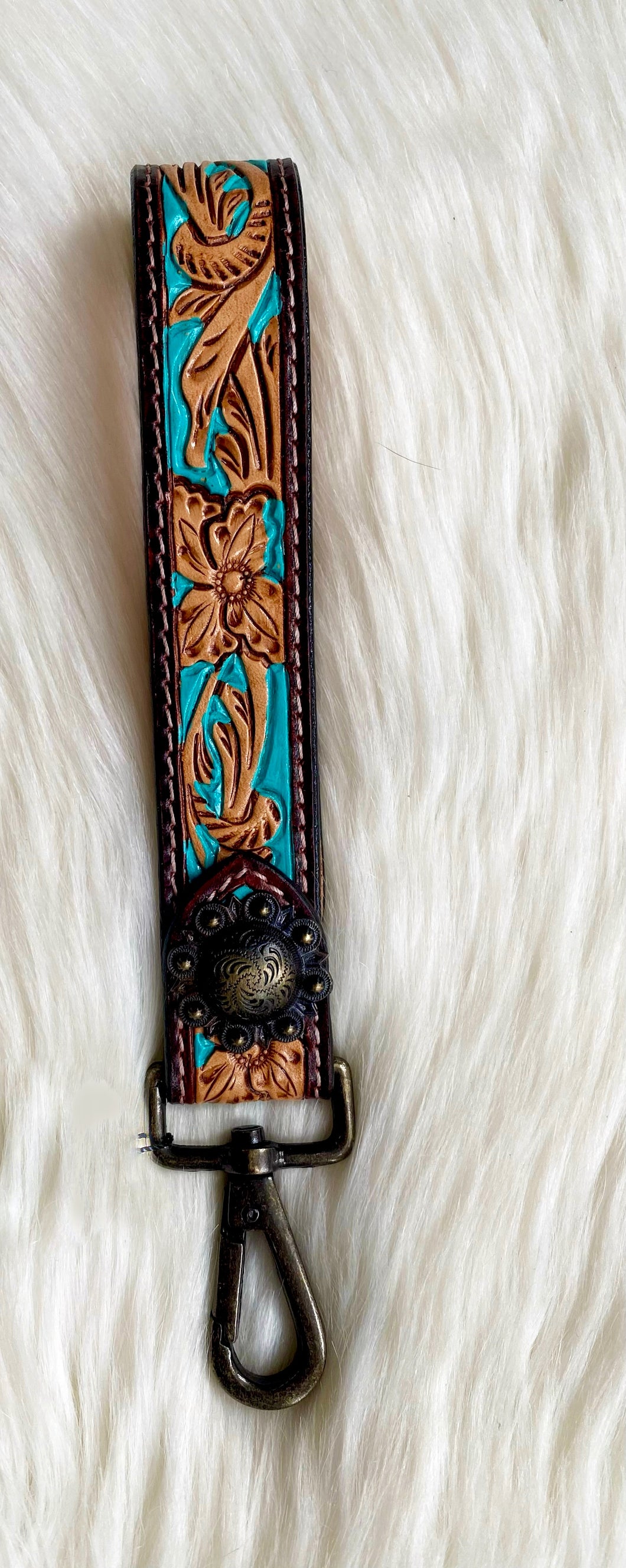 Hand Tooled Keychain {Turquoise & Flower}